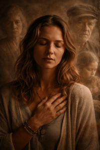 Woman meditating with ancestors in background.