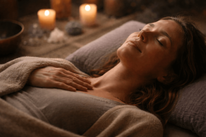 Woman relaxing with candles and crystals nearby.