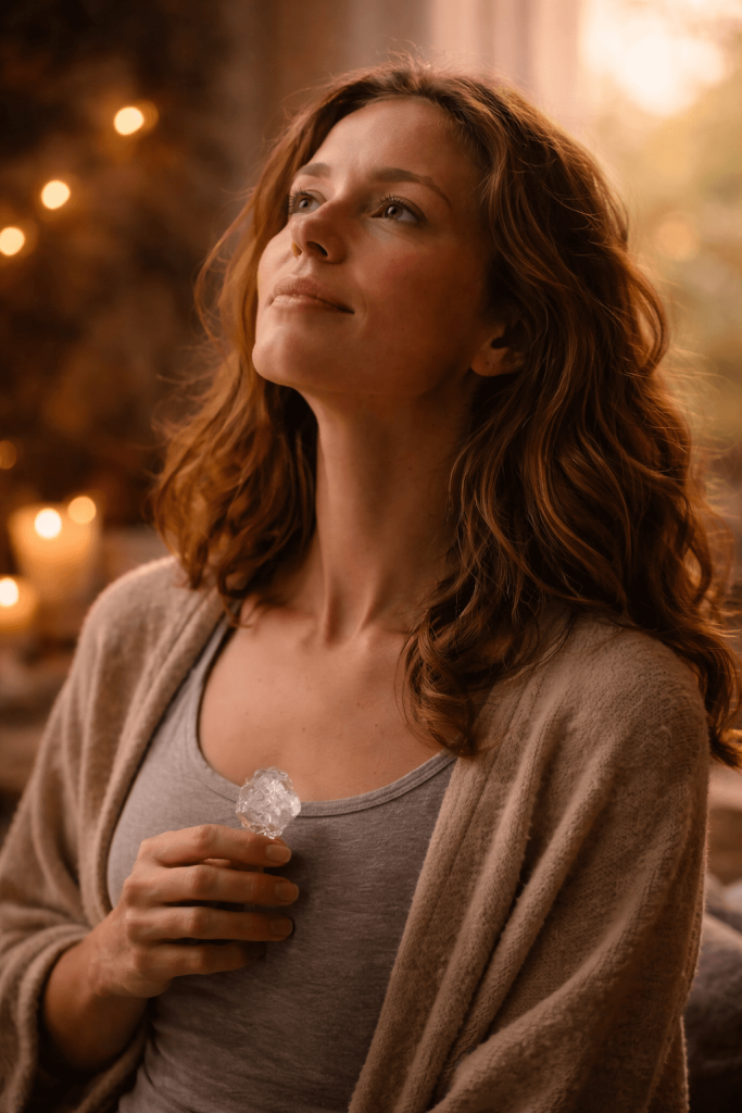 Woman meditating peacefully with crystal in hand.