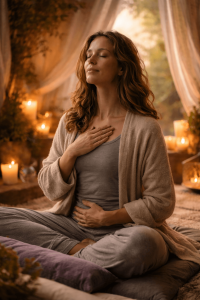 Woman meditating with candles in peaceful setting.