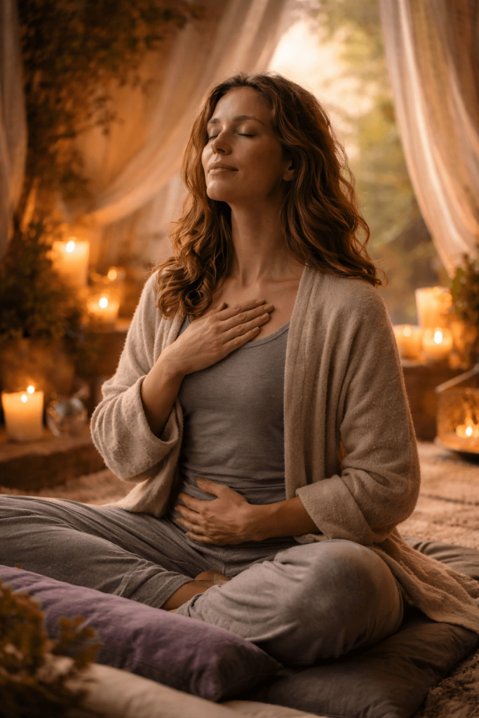 Woman meditating with candles in peaceful setting.