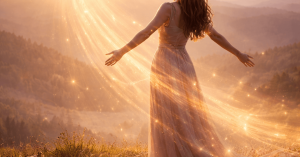 Woman embracing magical light in scenic landscape.