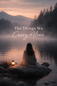 Woman sitting by lake at sunset with lantern.