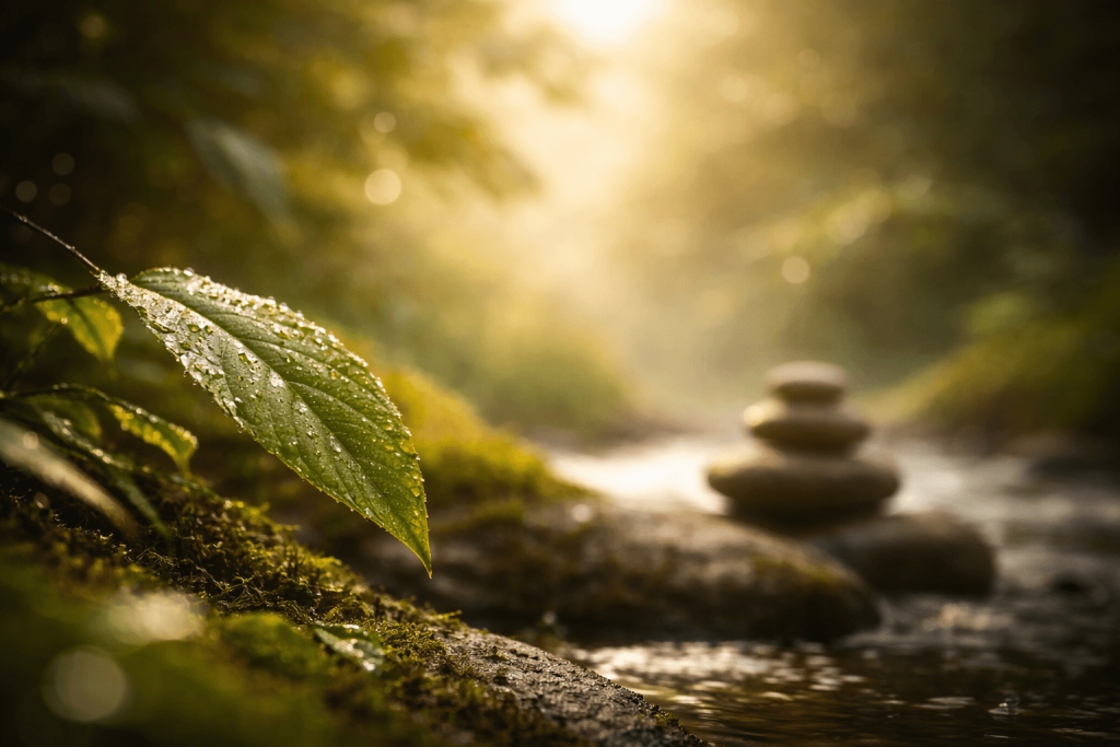 Leaf with dewdrops near a serene stream.