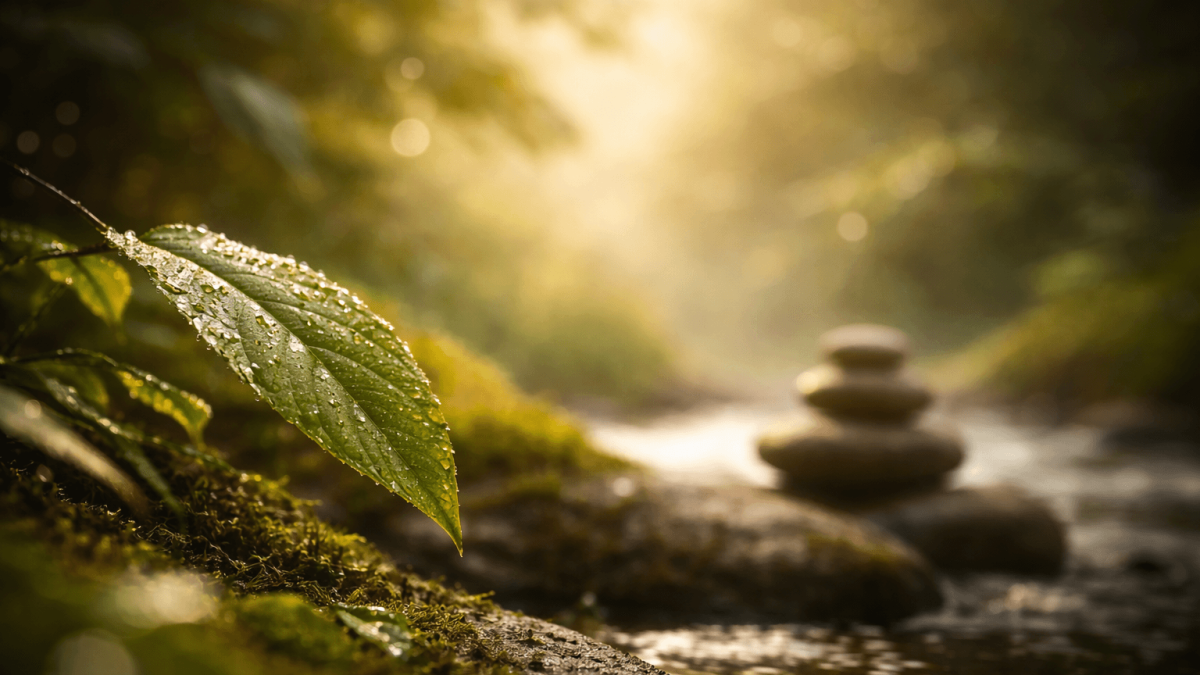 Leaf with dewdrops near a serene stream.