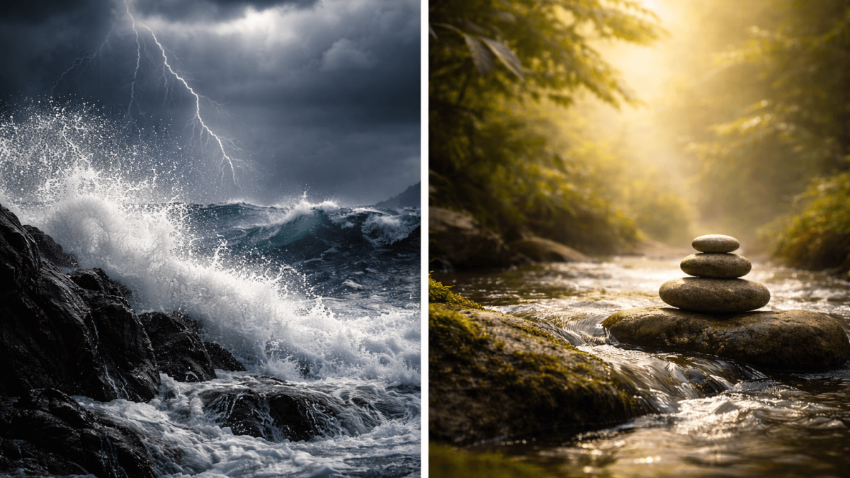 Stormy ocean and a tranquil forest stream.