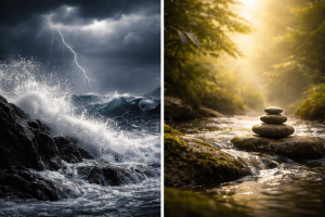Stormy ocean and a tranquil forest stream.