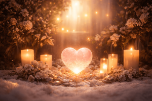Heart-shaped candle surrounded by flowers and lights