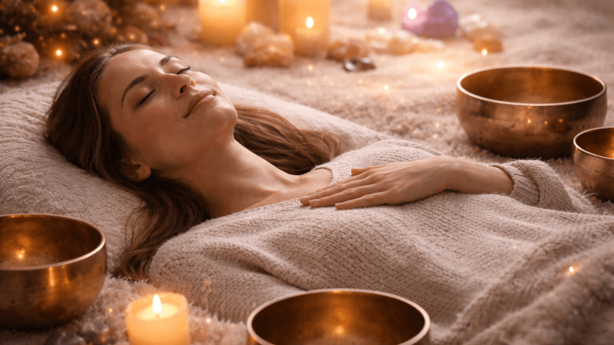 Woman relaxing with candles and singing bowls.