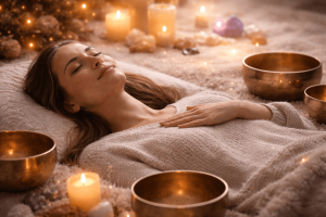 Woman relaxing with candles and singing bowls.