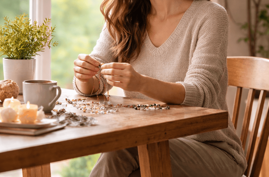 Woman crafting jewelry at wooden table.