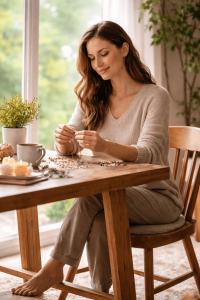 Woman crafting jewelry at wooden table.