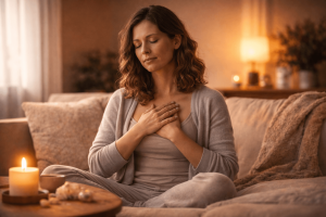 Woman meditating with eyes closed on couch.