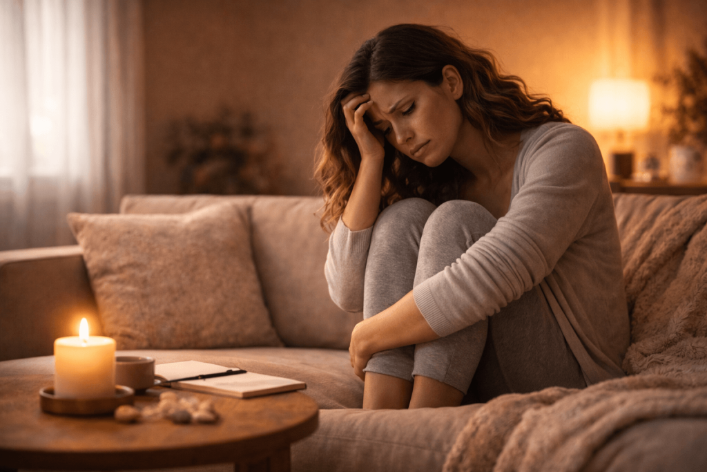 Woman sitting on couch, looking stressed