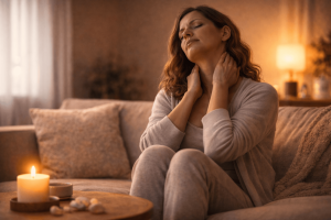 Woman massaging her neck on the couch.