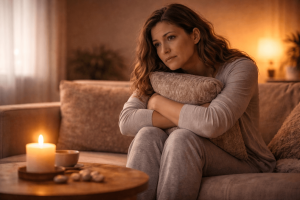 Woman in cozy room with candlelight