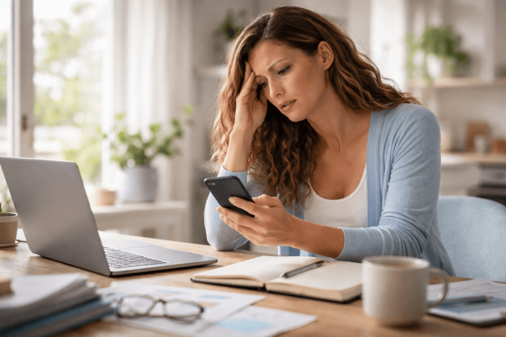 Woman stressed looking at phone in home office.