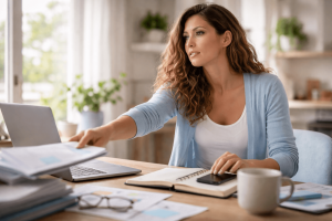 Woman working at a home office desk