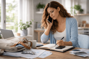 Woman multitasking at home office