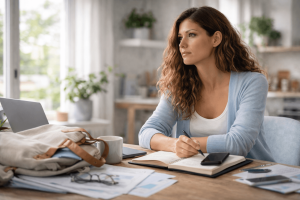 Woman working at home desk, thoughtful expression.