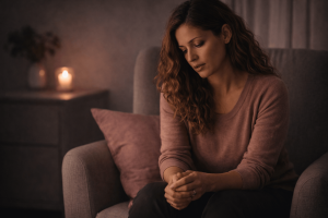 Woman deep in thought on sofa