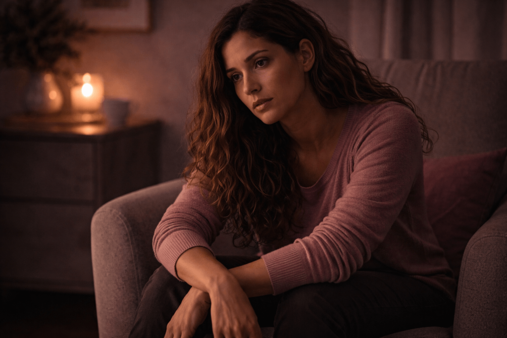 Woman sitting in dimly lit room