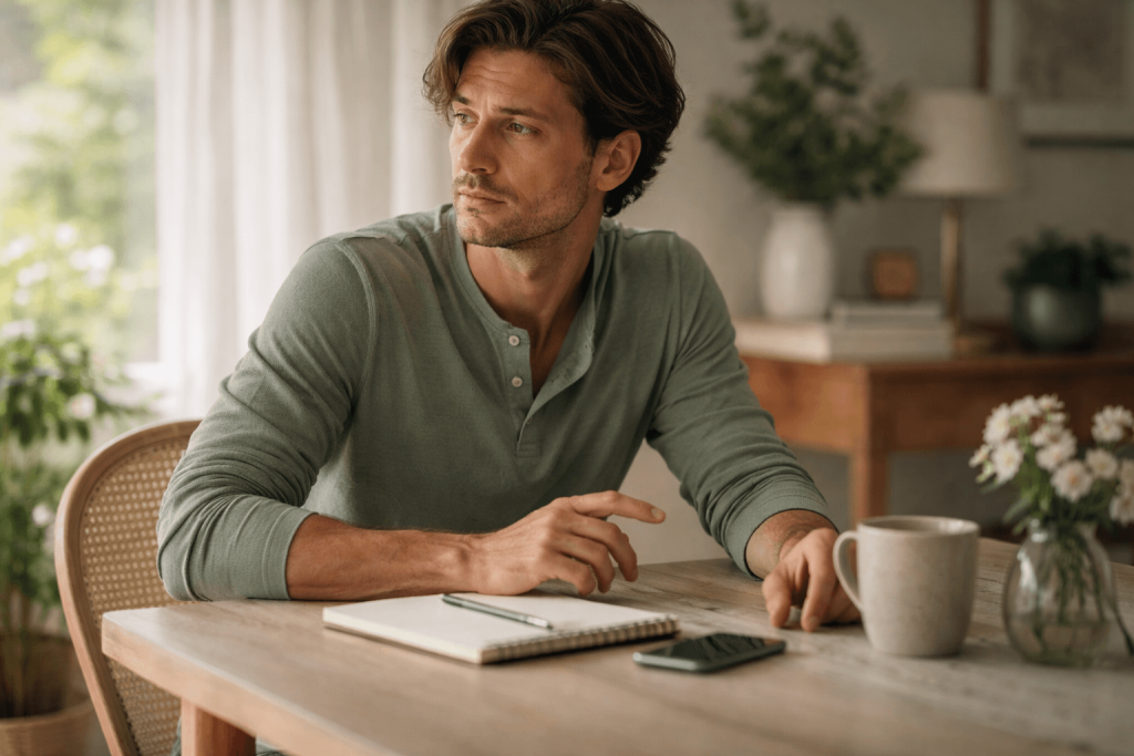 Man seated at table with notebook and coffee