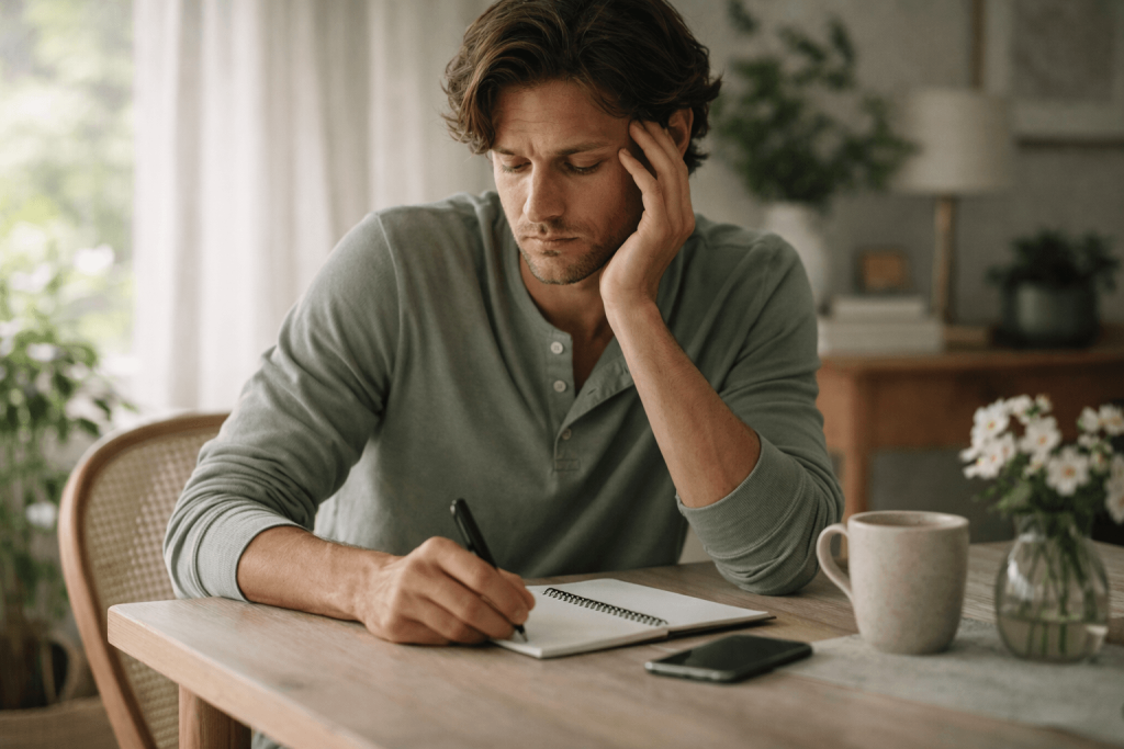 Man writing in a notebook at table