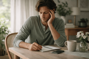 Man writing in a notebook at table