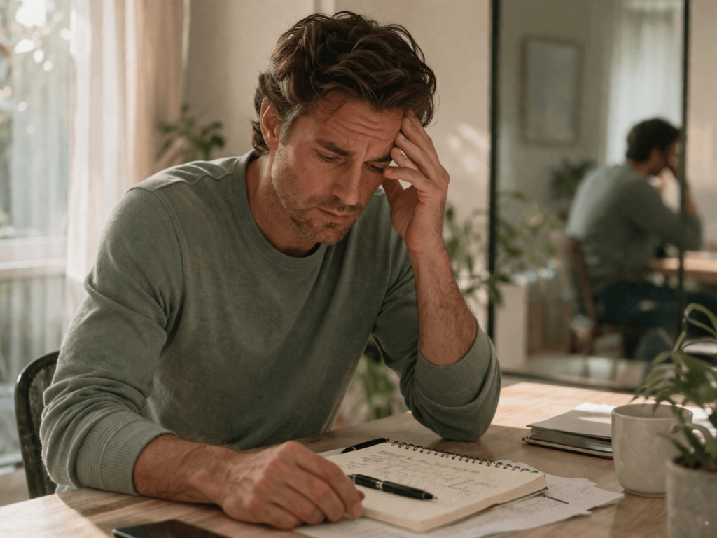 Man contemplating over a notebook at a table