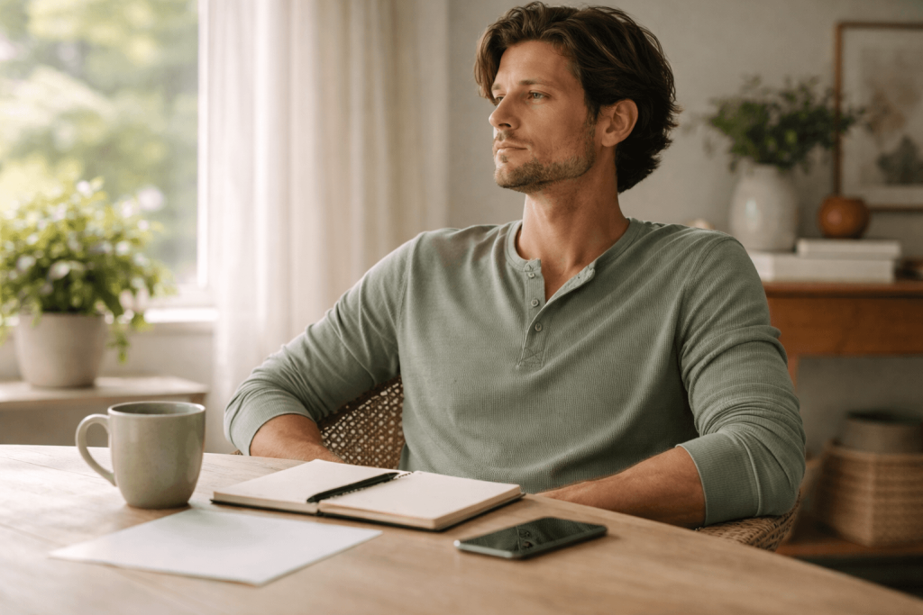 Man sitting at table with notebook and coffee