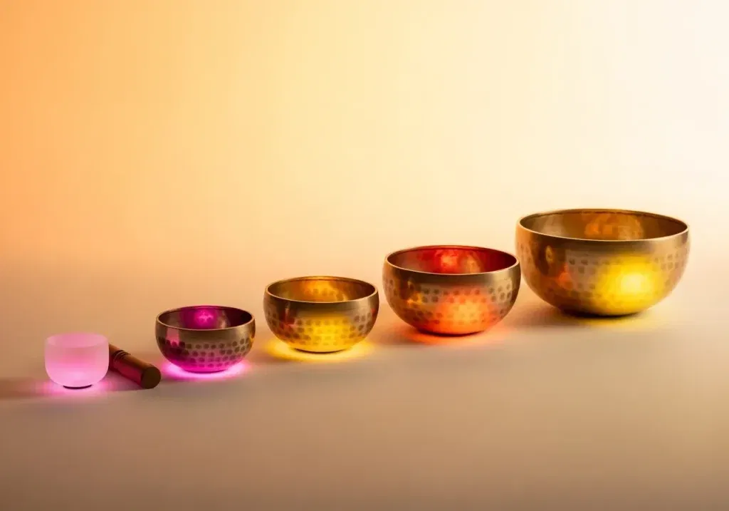 Colorful Tibetan singing bowls arrangement