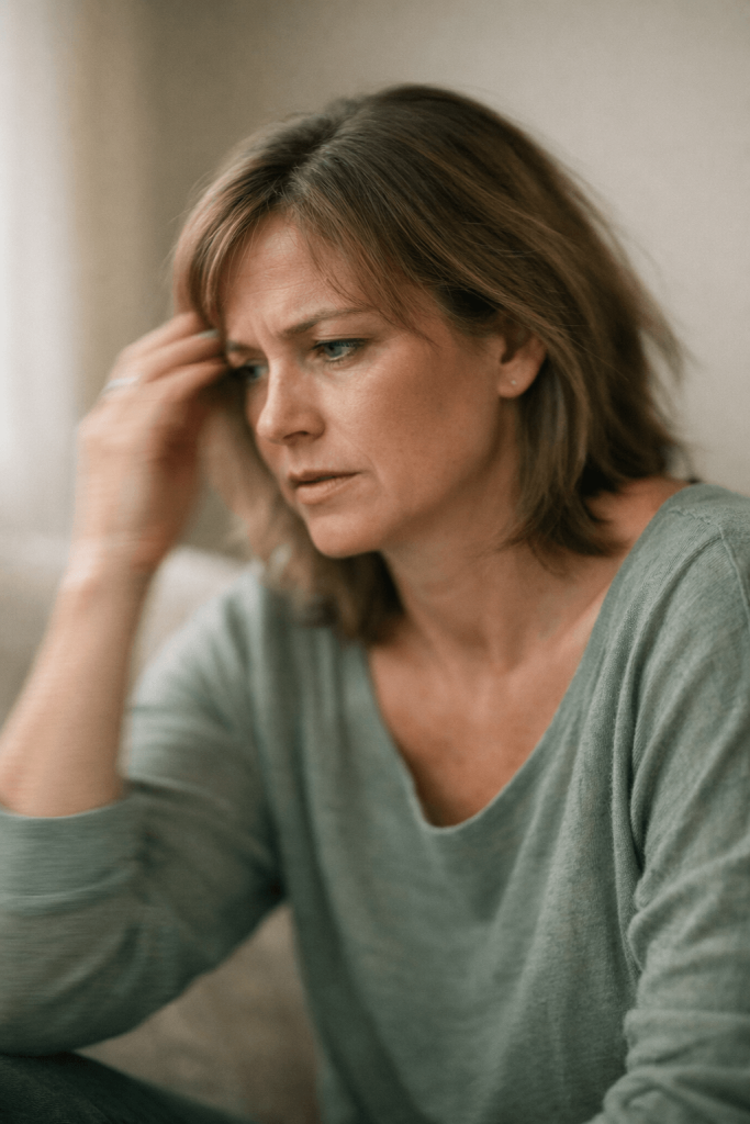 Worried woman holding her head indoors