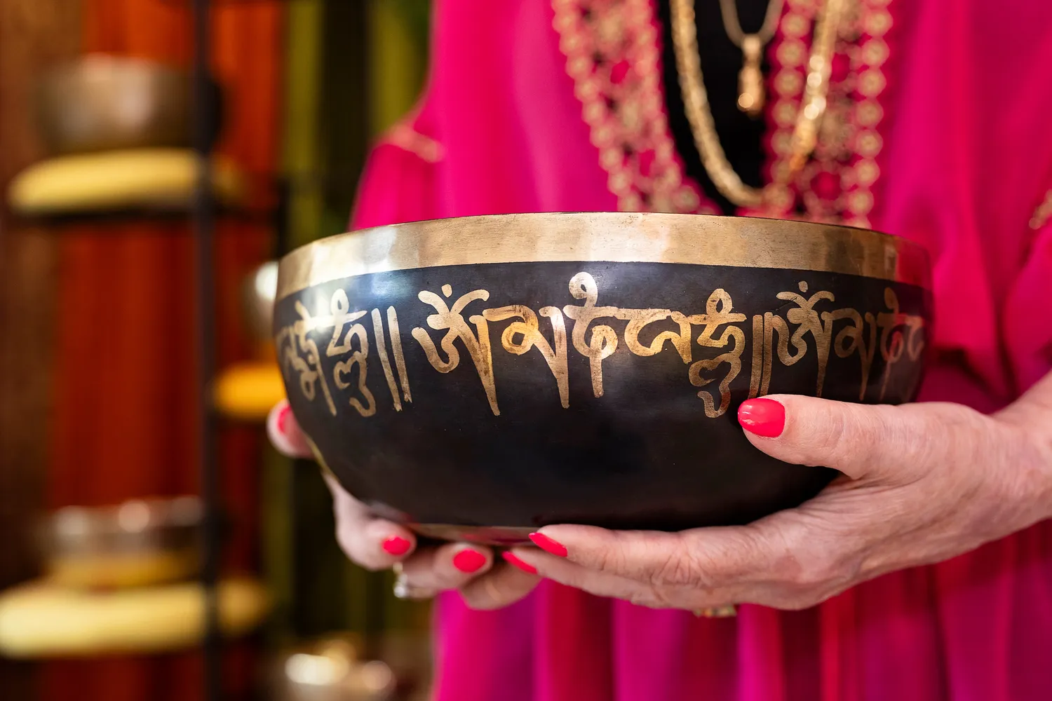 Macro detail of Sanskrit-engraved Tibetan singing bowl